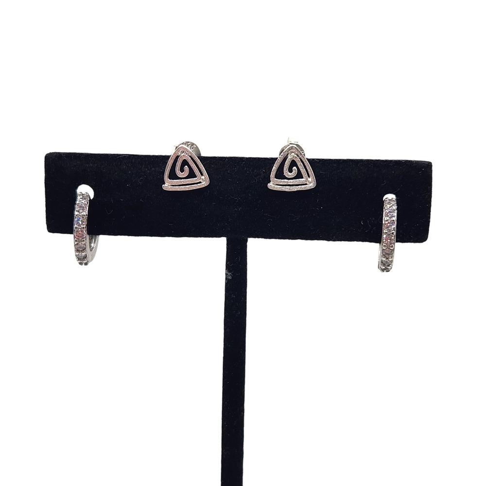 Silver Tone Triangle Swirl Stud Earrings and Crystal Hoop Earrings‎ Set